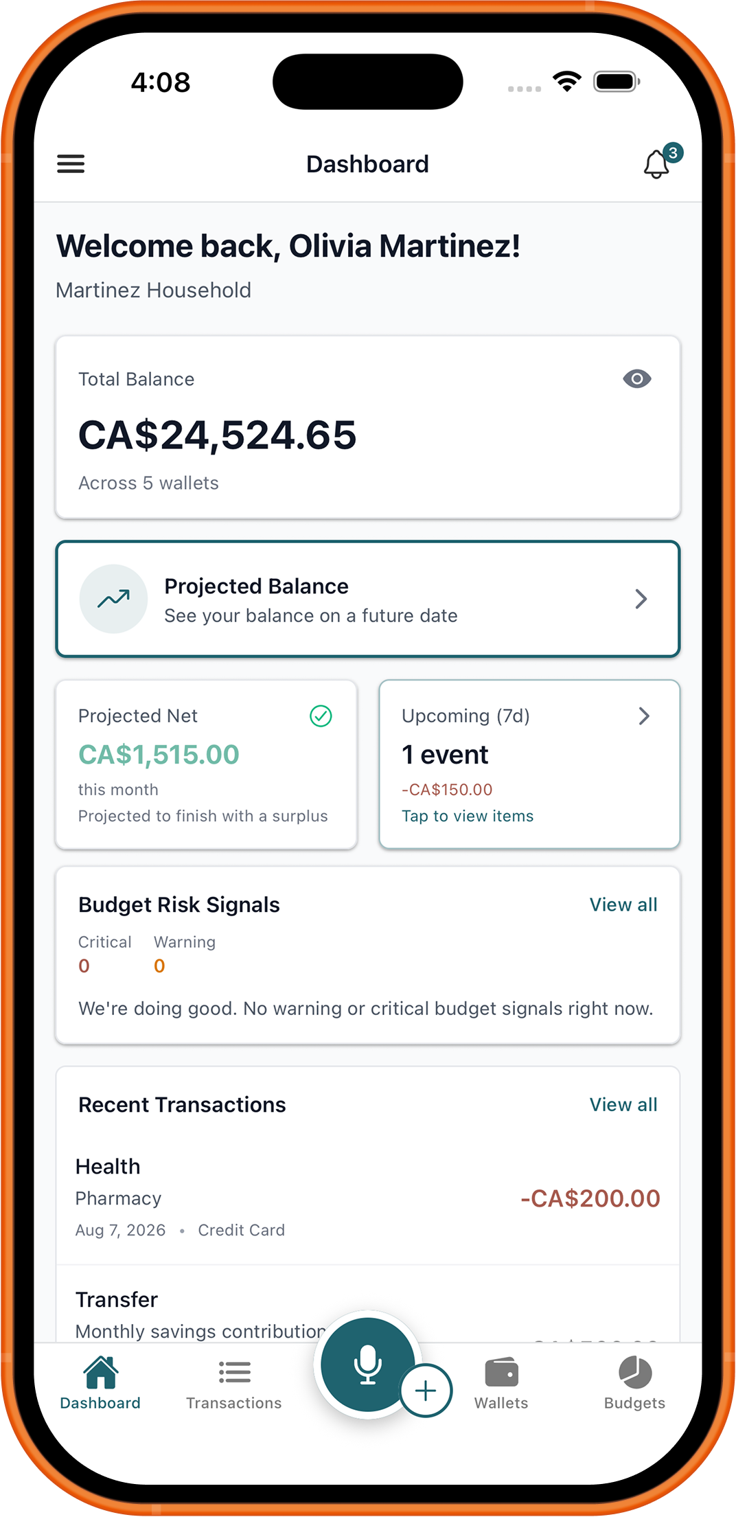 Simply Family Budget iPhone dashboard