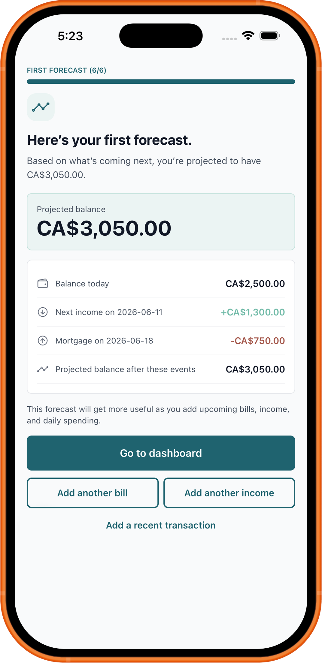 First forecast onboarding result in the Simply Family Budget iPhone app