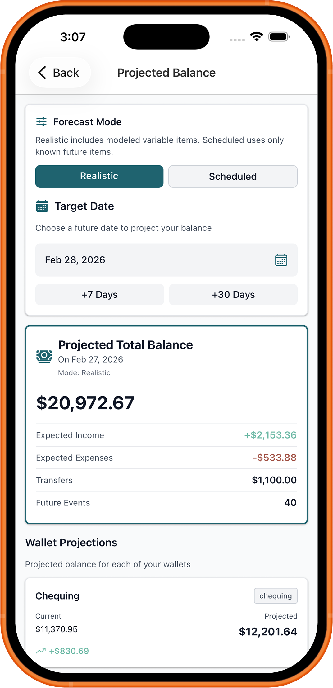 Projected wallet balances in the Simply Family Budget iPhone app